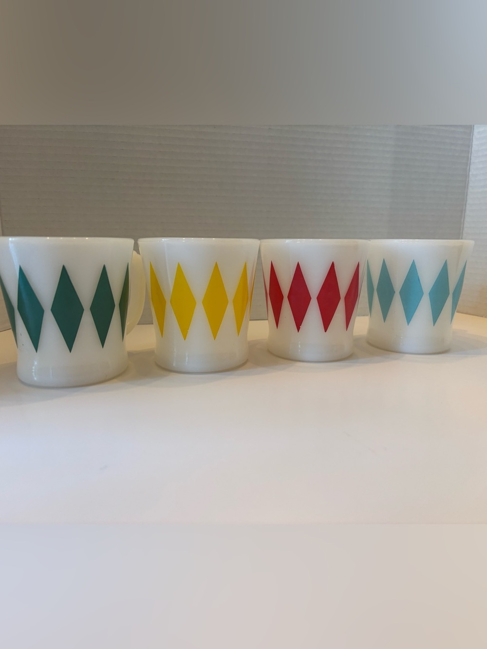 Vintage Fire King Milk Glass Diamond Pattern Mugs - Set of 4 💚💛❤️🩵